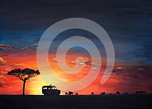 Original painting of splendid sunset at Masai Mara, a child art