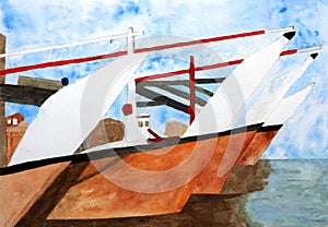 Original painting of Traditional Dhows in harbour