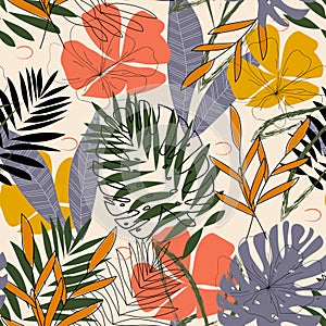 The original pattern with tropical leaves and plants on a beige background. Vector design. Jungle print. Textiles and printing. Fl