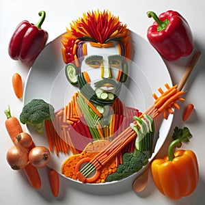 Original portrait of a musician laid out on a white plate of vegetables, spices and fruits, created using artificial intelligence