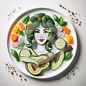 Original portrait of a musician laid out on a white plate of vegetables, spices and fruits, created using artificial intelligence