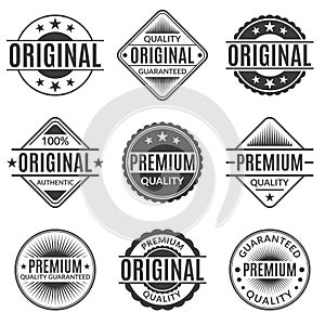 Original and Premium quality stamp or seal set. Guarantee label, emblem or badge collection. Vector illustration.