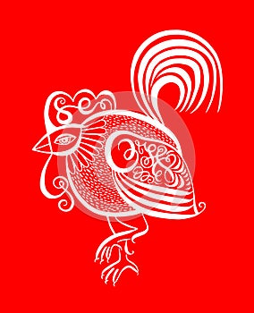 original red line art rooster calligraphy drawing, symbol of 2017 new year