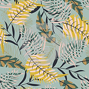 Original seamless pattern with bright plants and leaves on grey background. Vector design. Jungle print. Textiles and printing.