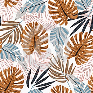 Original seamless pattern with bright plants and leaves on white background. Vector design. Jungle print. Textiles and printing.