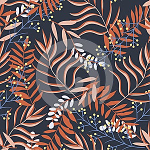 Original seamless pattern with bright tropical plants and leaves on black background. Vector design. Jungle print. Printing and te