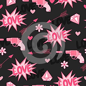 Original seamless pattern with guns,love, arrow, hearts and flowers.