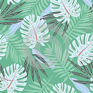 Original seamless pattern with leaves on green background. Vector design. Jungle print. Printing and textiles.