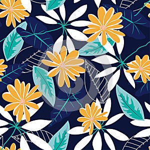 Original seamless pattern with tropical flowers and leaves on blue background. Vector design. Jungle print. Printing and textiles.