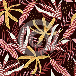 Original seamless pattern with tropical plants and leaves on Burgundy background. Vector design. Jungle print. Textiles and printi