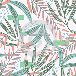 Original seamless pattern with tropical plants and leaves on a delicate background. Vector design. Jungle print. Textiles and prin