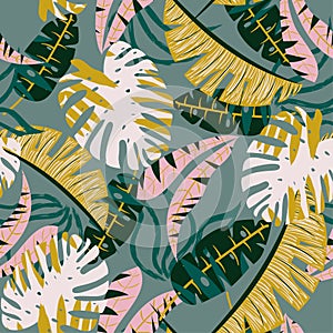 Original seamless pattern with tropical plants and leaves on grey background. Vector design. Jungle print. Printing and textiles.