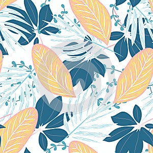 Original seamless pattern with tropical plants and leaves on white background. Vector design. Jungle print. Printing and textiles.