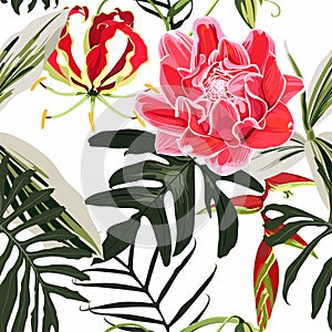 Original seamless tropical pattern with bright leaves and exotic red flowers background.