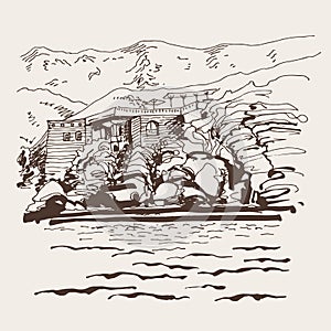 Original sepia sketch drawing of Sveti Stefan island