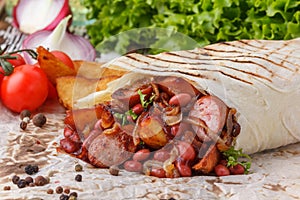 Original shawarma with beans and sausage products.