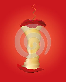 Original sin concept - Adam and Eve with bitten apple and snake on red background