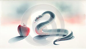 The original sin. Digital painting of an apple and a snake on a white background
