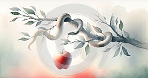 The original sin. Watercolor illustration of an apple and a snake on a tree branch.