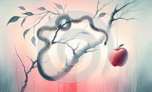 The original sin. Watercolor illustration of an apple and a snake on a tree branch.