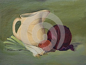 Original Still Life Oil Painting on Canvas: Vegetables, Pitcher