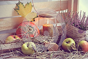 An original still life of Russia with the fire of a wax candle. Wax candle with pumpkin, apples and heather in the hay. Autumn sti