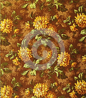 Original textile fabric ornament of the Gold Flowers. Crock is hand-painted with gouache. photo