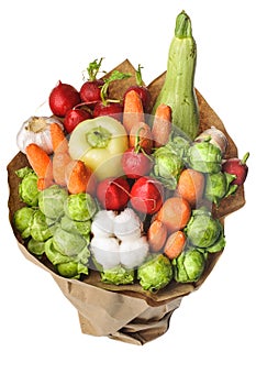 The original unusual edible vegetable and fruit bouquet on white