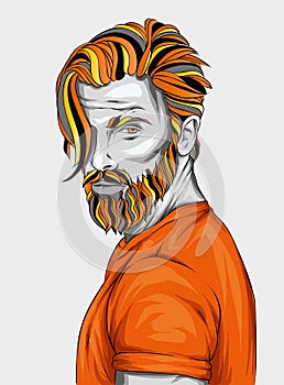 Original vector illustration, man with fashionable hairstyle. Hipster. Print on a t-shirt or sticker. Bearded man.