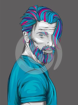 Original vector illustration, man with fashionable hairstyle. Hipster. Print on a t-shirt or sticker. Bearded man.