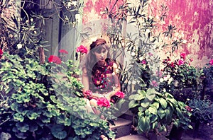 Original vintage colour slide from 1960s, young woman sitting in