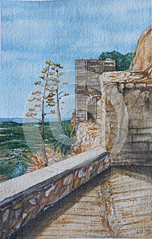 Original watercolor painting, Mediterranean landscape