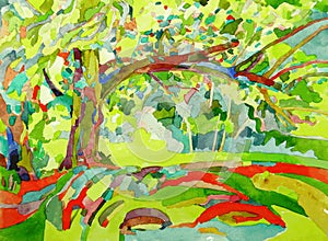 Original watercolor painting by a tree