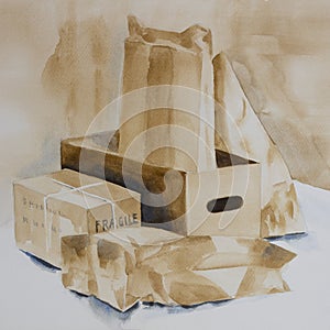 Original watercolour, a collection of boxes and packets
