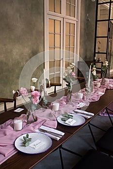 Original wedding decor ideas, wedding table decorated with flower arrangements in pink violet tones