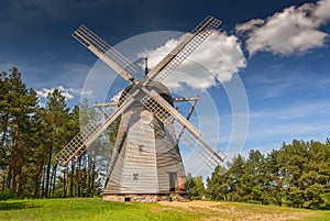 Original windmill from 19th century, dutch type The Folk Architecture Museum and Ethnographic Park in Olsztynek, Poland.