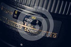The originale nikkor 50mm 1.4 G lens for full frame nikon cameras, close up, details