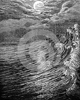 Originally. Moon is closest to the Earth still fluid produced great tides, vintage engraving photo