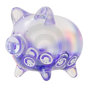 OriginTrail (TRAC) Clear Glass piggy bank with decreasing piles of crypto coins.