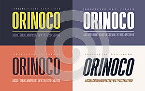 Orinoko condensed bold, semibold, extrabold and oblique san serif vector font, alphabet, typeface, uppercase letters and numbers. photo