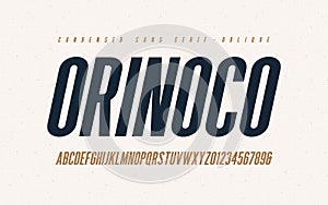 Orinoko condensed oblique san serif vector font, alphabet, typeface