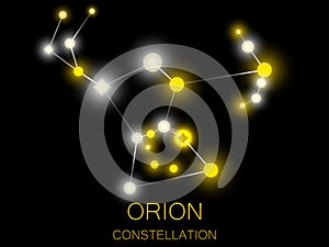 Orion constellation. Bright yellow stars in the night sky. A cluster of stars in deep space, the universe. Vector illustration