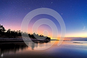 Orion and Pleiades stars Gauja river after sunset observing