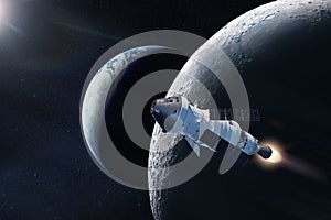 Orion spacecraft near to the Moon surface. Artemis space mission. Elements of this image furnished by NASA