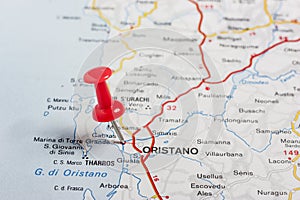 Oristano pinned on a map of Italy