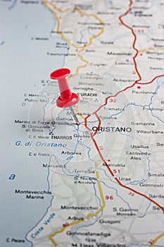 Oristano pinned on a map of Italy