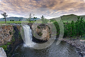 Orkhon waterfall in Mongolia at sunrise