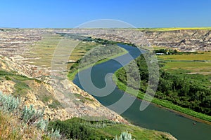 Orkney Viewpoint overlooking Red Deer River and Badlands Landscape in Canadian Prairies, Drumheller, Alberta