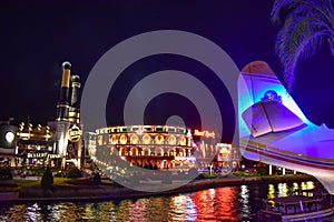 Partial view of vintage plane, taxi boat ,Chocolate Emporium and Hard Rock Cafe at Universal Studios area.