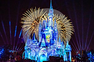 Happily Ever After is Spectacular fireworks show at Cinderella`s Castle on dark night background in Magic Kingdom  43